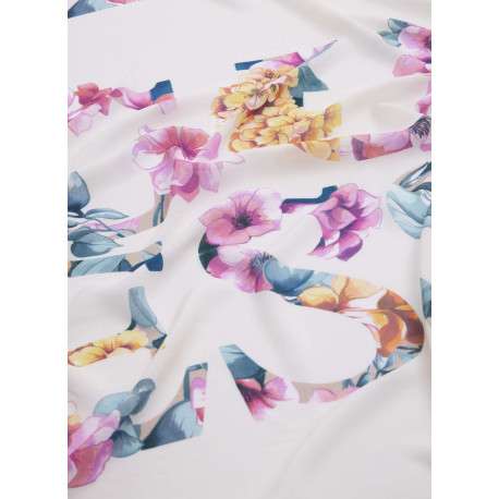 Foulard écru carré à imprimé fleuri rose et jaune et avec le nom de la marque - Image 2