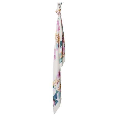 Foulard écru carré à imprimé fleuri rose et jaune et avec le nom de la marque - Image 3