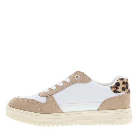 Sneakers blanches à talon plat avec des lacets et des motifs léopard