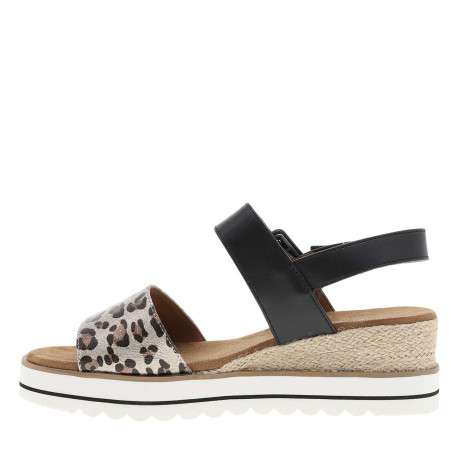 Nu-pieds noir et marron à talon compensé bas avec 2 bandes auto-agrippantes