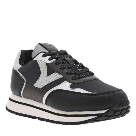 Baskets running noires avec bandes argentées à talon compensé bas - Image 3