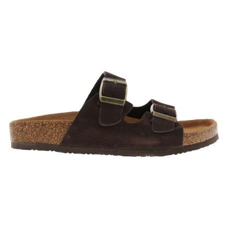 Mules chocolat en cuir avec un talon plat et deux boucles à ardillon - Image 2