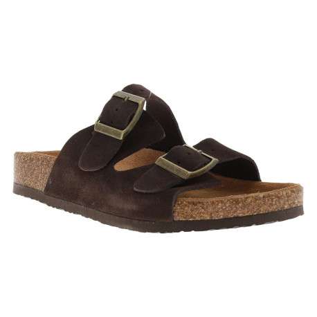 Mules chocolat en cuir avec un talon plat et deux boucles à ardillon - Image 3