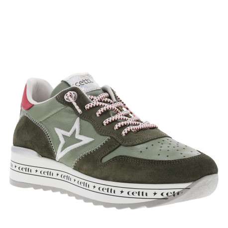 Baskets basses running en cuir kaki avec lacets élastiqués et semelle plateforme - Image 3