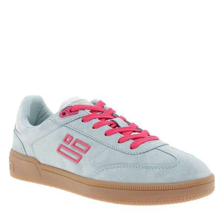 Tennis en cuir bleues à talon plat avec des lacets et un logo rose - Image 3
