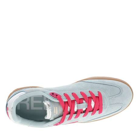 Tennis en cuir bleues à talon plat avec des lacets et un logo rose - Image 4