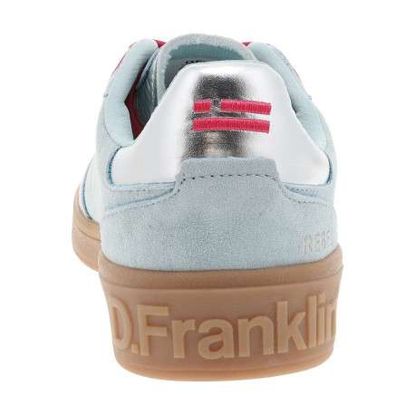 Tennis en cuir bleues à talon plat avec des lacets et un logo rose - Image 6