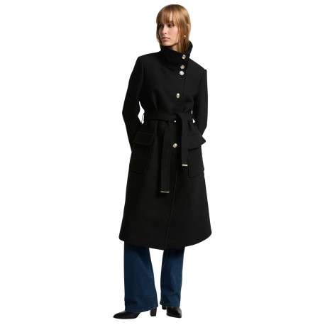 Manteau noir uni à coupe longue avec un col montant et des boutons - Image 2