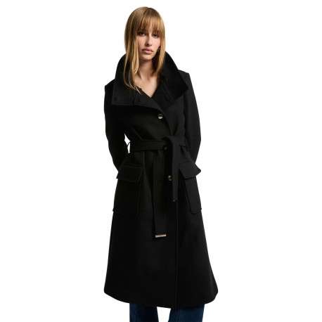 Manteau noir uni à coupe longue avec un col montant et des boutons - Image 4