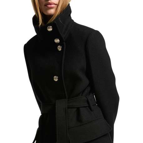Manteau noir uni à coupe longue avec un col montant et des boutons - Image 5