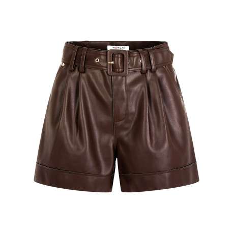 Short en simili cuir marron uni à coupe droite avec une ceinture