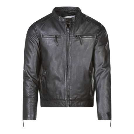 Blouson en cuir en cuir de mouton noir uni droit à col montant et poches