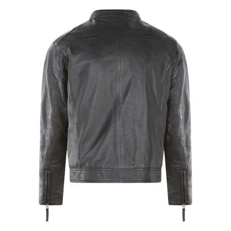 Blouson en cuir en cuir de mouton noir uni droit à col montant et poches - Image 2