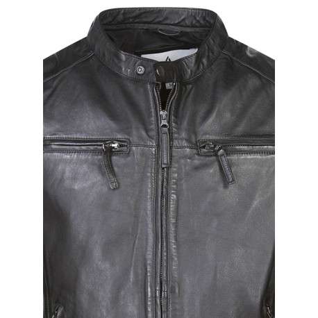 Blouson en cuir en cuir de mouton noir uni droit à col montant et poches - Image 3