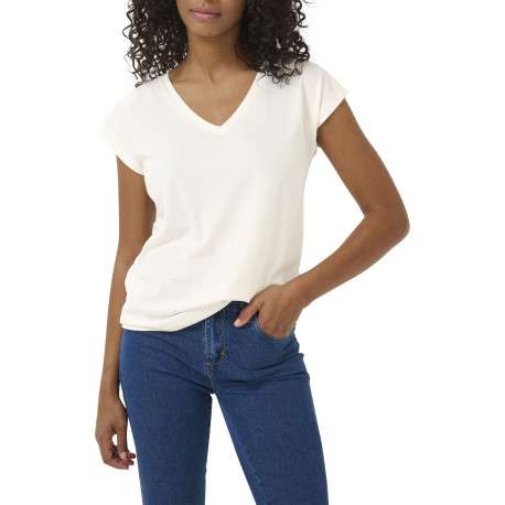 T-shirt écru uni avec une coupe ajustée et des manches courtes - Image 5