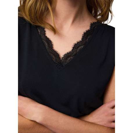 T-shirt noir uni avec une coupe droite et un col V en dentelle - Image 5