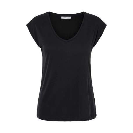 T-shirt femme noir uni avec une coupe droite un col en V et des manches courtes