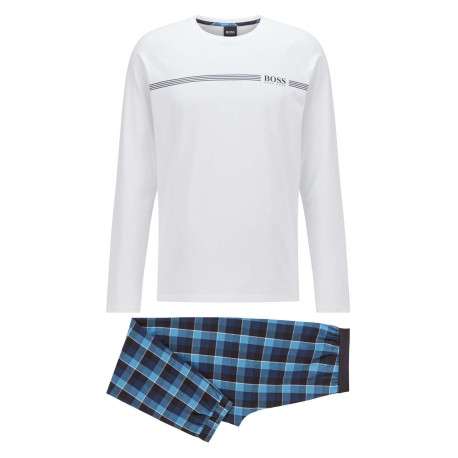 Pyjama bleu en coton uni coupe régular avec un col rond