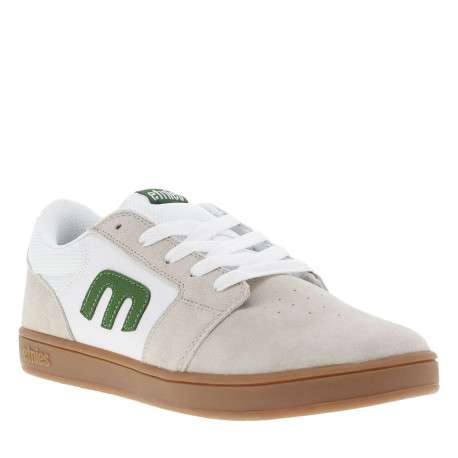 Baskets skate beiges en cuir à semelle marron avec logos verts et lacets plats - Image 3