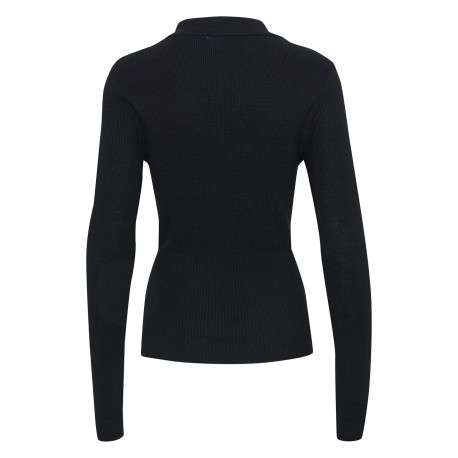 Pull noir en maille côtelée avec une coupe ajustée et un col à revers - Image 2