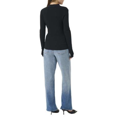 Pull noir en maille côtelée avec une coupe ajustée et un col à revers - Image 4