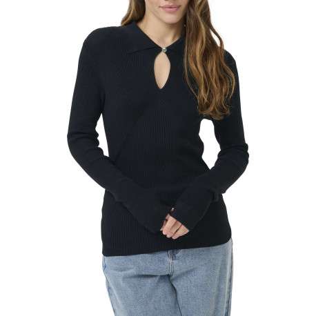 Pull noir en maille côtelée avec une coupe ajustée et un col à revers - Image 5