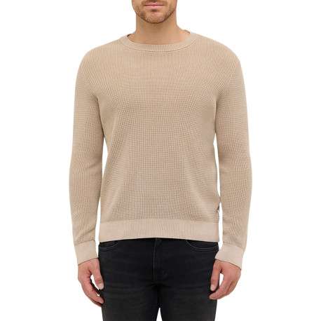 Pull en coton beige uni avec un col rond et des manches longues - Image 3