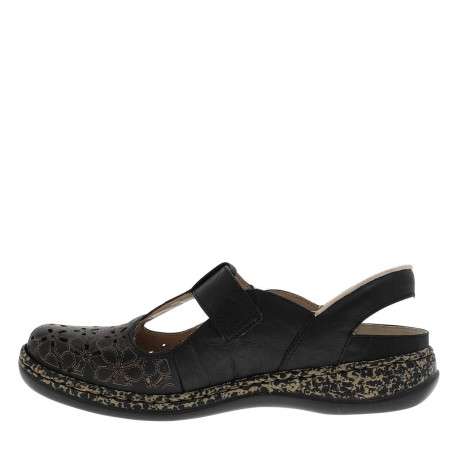 Ballerines emboitant en cuir noires à talon plat avec une bande auto-agrippante