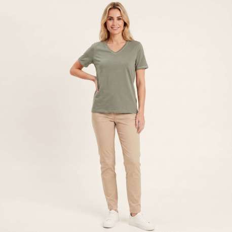 T-shirt kaki uni avec une coupe ajustée un col v et des manches courtes - Image 5