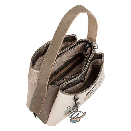 Sac à main porté épaule beige à motifs avec une poche extérieure zippée - Image 7