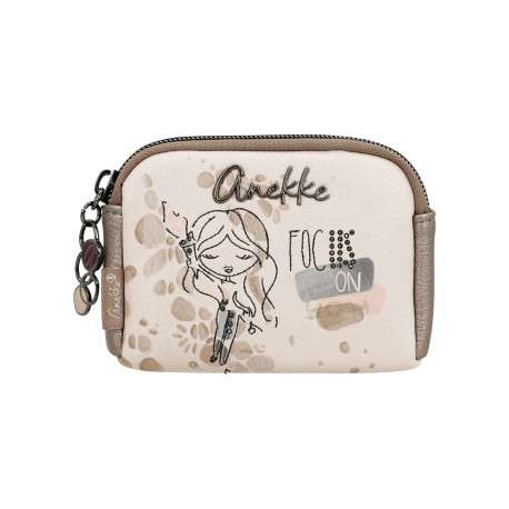 Porte-monnaie beige imprimé avec une petite poche arrière zippée