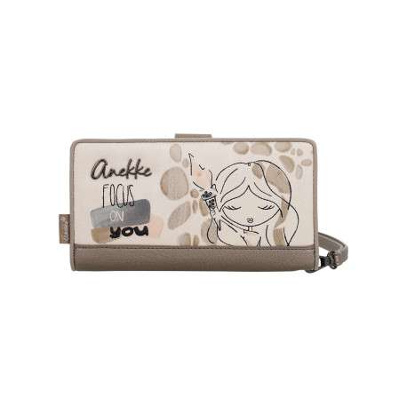 Portefeuille beige imprimé avec une fermeture zippée et un bouton-pression