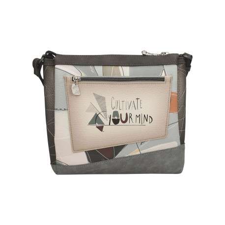Sac à bandoulière écru imprimé avec un logo de la marque métallique à l'avant - Image 4