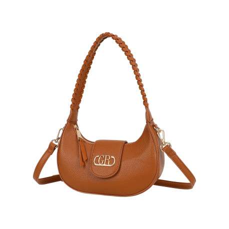 Sac porté épaule camel uni pourvu d'une anse arrondie avec des détails tressés - Image 2