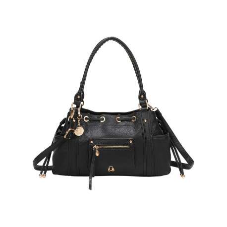 Sac à main porté main noir uni orné de détails métalliques dorés