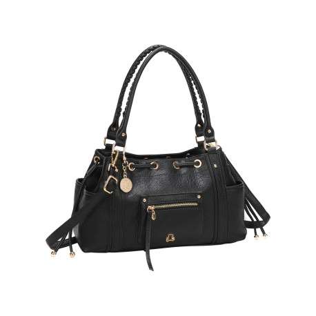 Sac à main porté main noir uni orné de détails métalliques dorés - Image 2