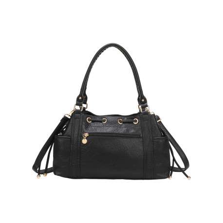 Sac à main porté main noir uni orné de détails métalliques dorés - Image 3