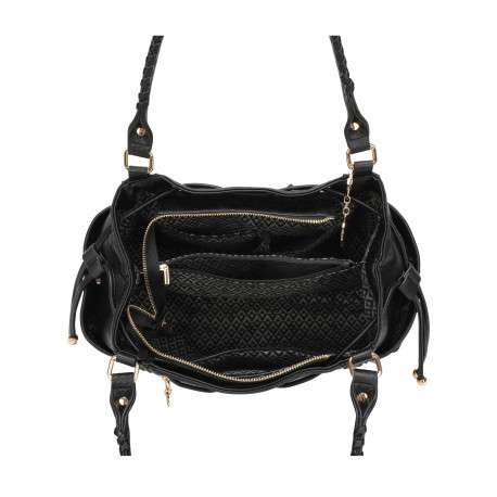 Sac à main porté main noir uni orné de détails métalliques dorés - Image 4