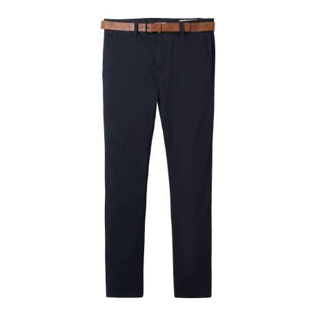 Pantalon Chino en coton marine uni avec une coupe slim et des poches latérales