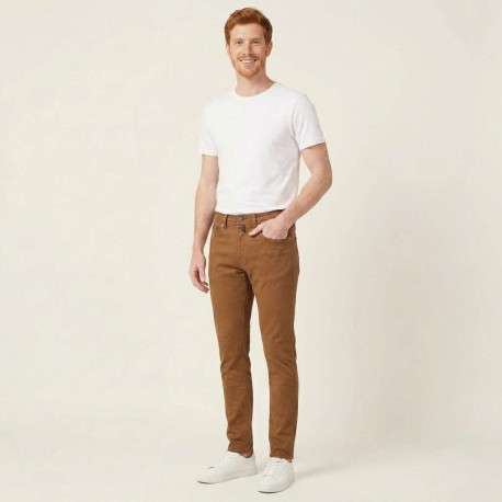Pantalon en coton camel uni avec une coupe ajustée et une taille intermédiaire - Image 4
