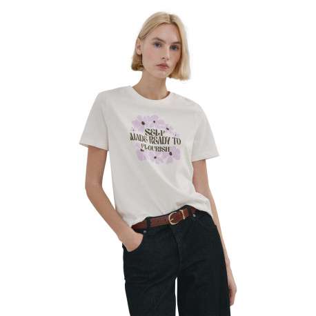 T-shirt en lin écru uni pourvu d'une coupe droite et d'un col rond - Image 2