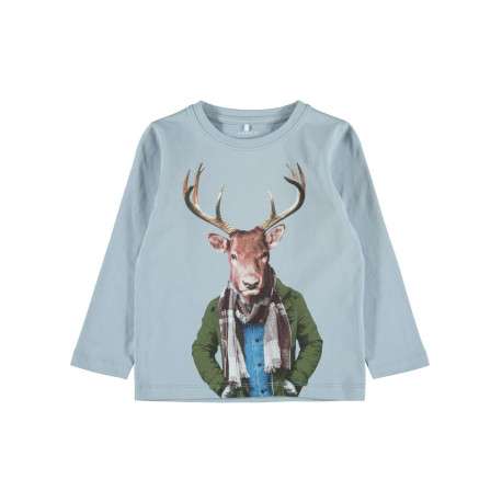 T-Shirt fantaisie manches longues et à col rond ciel en coton biologique