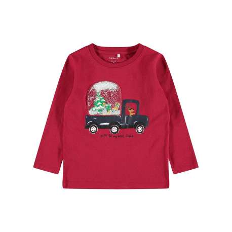 T-Shirt fantaisie manches longues et à col rond rouge en coton biologique