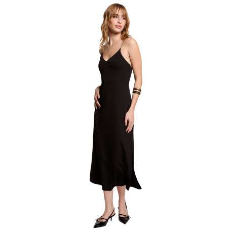 Robe longue noire unie pourvue d'une coupe droite et d'un décolleté en V - Image 3