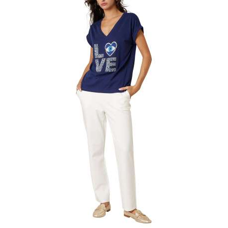 T-shirt en coton marine uni pourvu d'un motif ""Love"" brodé de perles - Image 3
