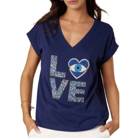 T-shirt en coton marine uni pourvu d'un motif ""Love"" brodé de perles - Image 4