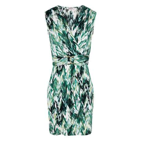 Robe courte verte à motif tropical avec une coupe portefeuille et un col croisé