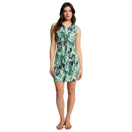 Robe courte verte à motif tropical avec une coupe portefeuille et un col croisé - Image 3