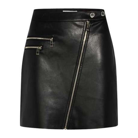 Jupe courte noire unie avec une coupe droite à zip et à pressions