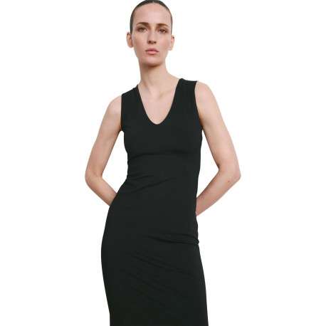 Robe longue noire unie pourvue d'une coupe cintrée et d'un col v - Image 4